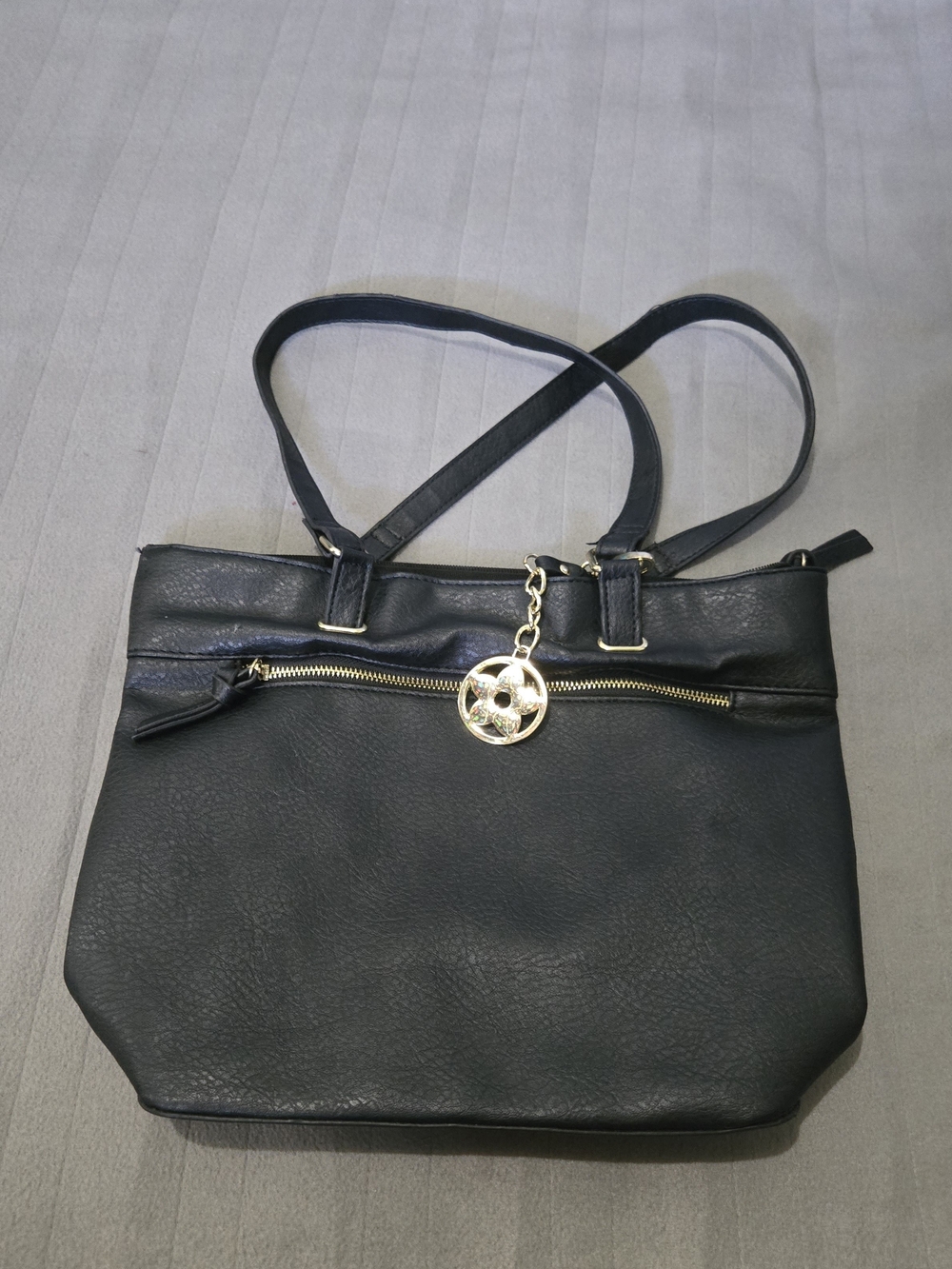 Bueno Black Faux Leather Tote Bag Gold Tone Charm Zip Top Purse